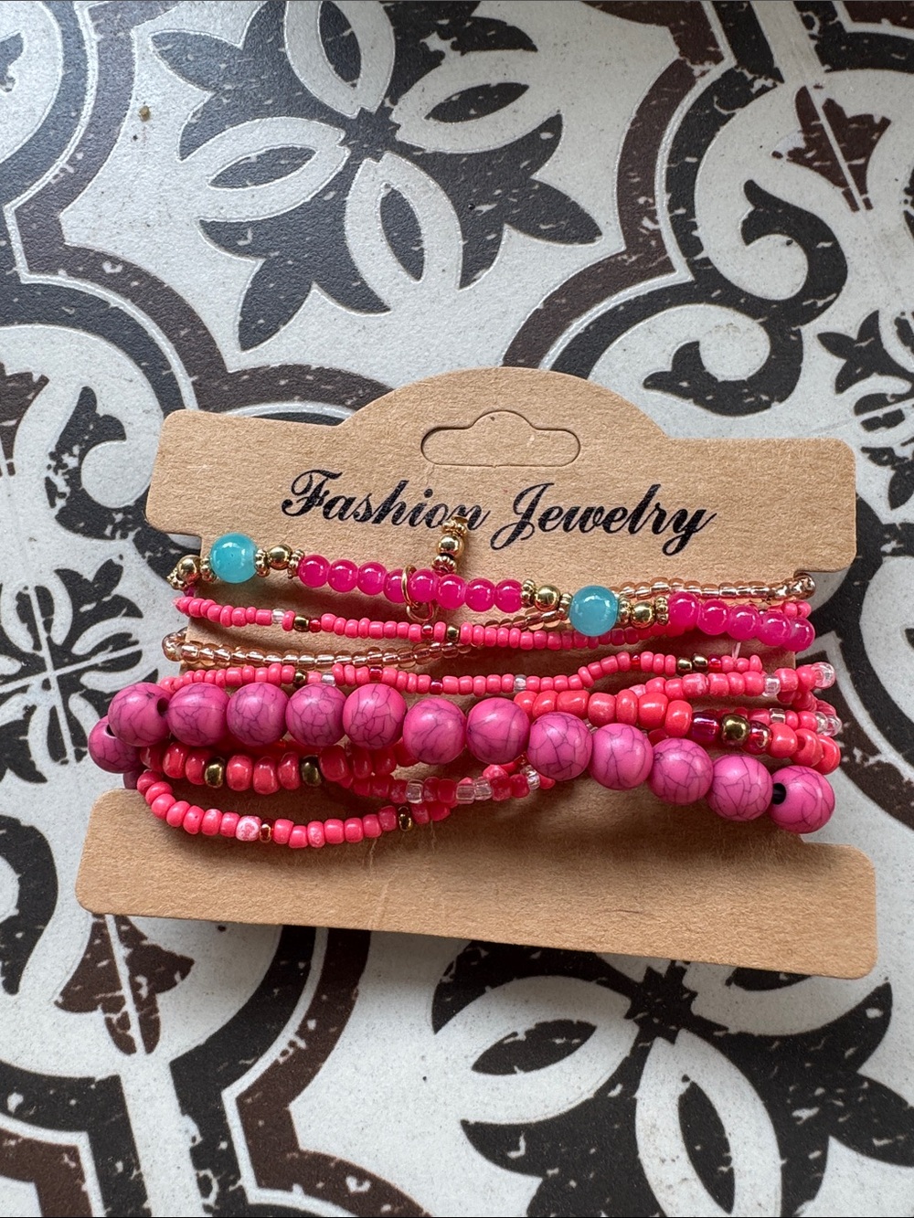 Fashion Jewelry Hot Pink Beaded Stacked Bracelet Set with Turquoise Accents